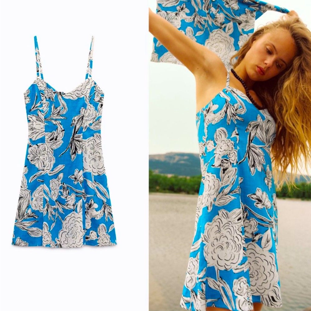 Zara blue/white flower print mini dress, size XS